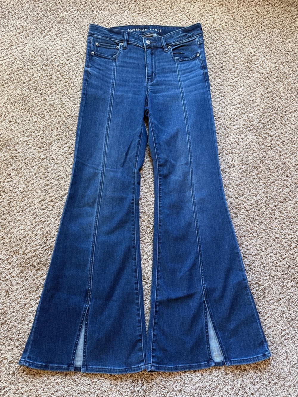 American Eagle Outfitters Dark Blue High-Rise Flare Jeans with Front Slits